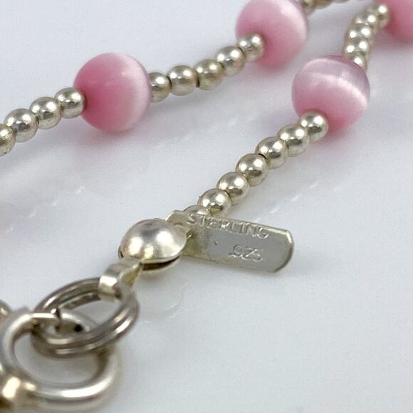 Vintage Jordan Sterling Silver 925 Pink Synthetic Cat's Eye Beaded Bracelet 7.5" - Picture 6 of 8